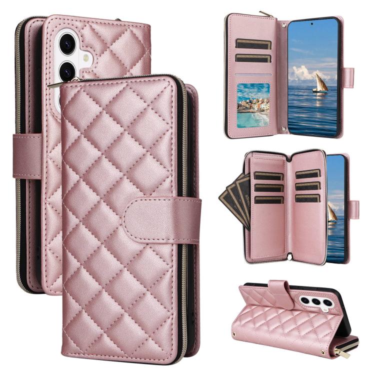 For Samsung Galaxy S26 5G Crossbody Rhombic Zipper Tower Buckle Leather Phone Case with Lanyard(Rose Gold)