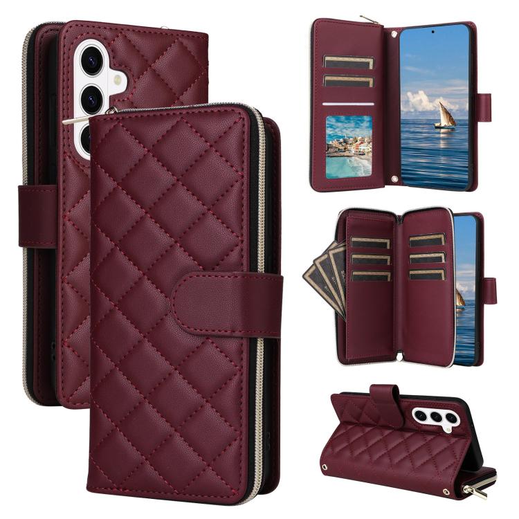 For Samsung Galaxy S26 5G Crossbody Rhombic Zipper Tower Buckle Leather Phone Case with Lanyard(Wine Red)