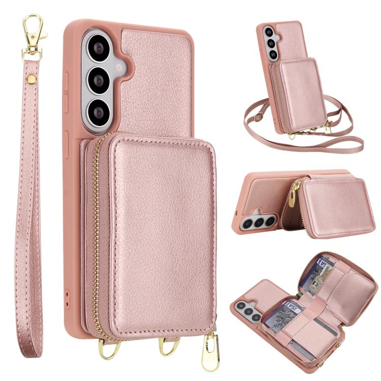 For Samsung Galaxy S26 5G Crossbody Zipper RFID Card Bag Phone Case(Rose Gold)