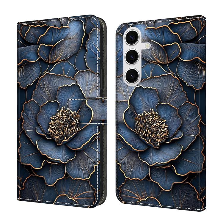 For Samsung Galaxy S26 5G Crystal-Like Painted Vegan Leather Phone Case(Blue Gold Peony)