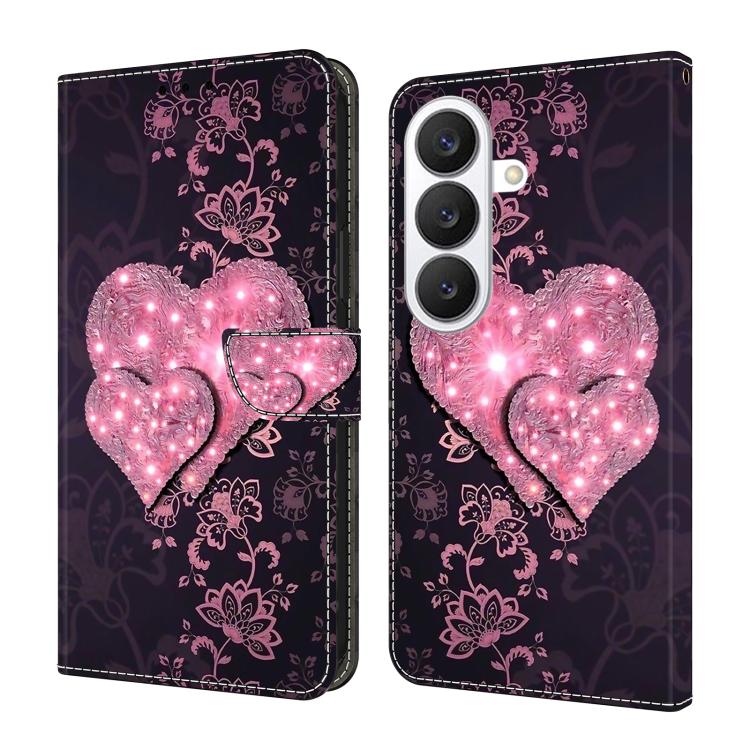 For Samsung Galaxy S26 5G Crystal-Like Painted Vegan Leather Phone Case(Lace Heart Peach)