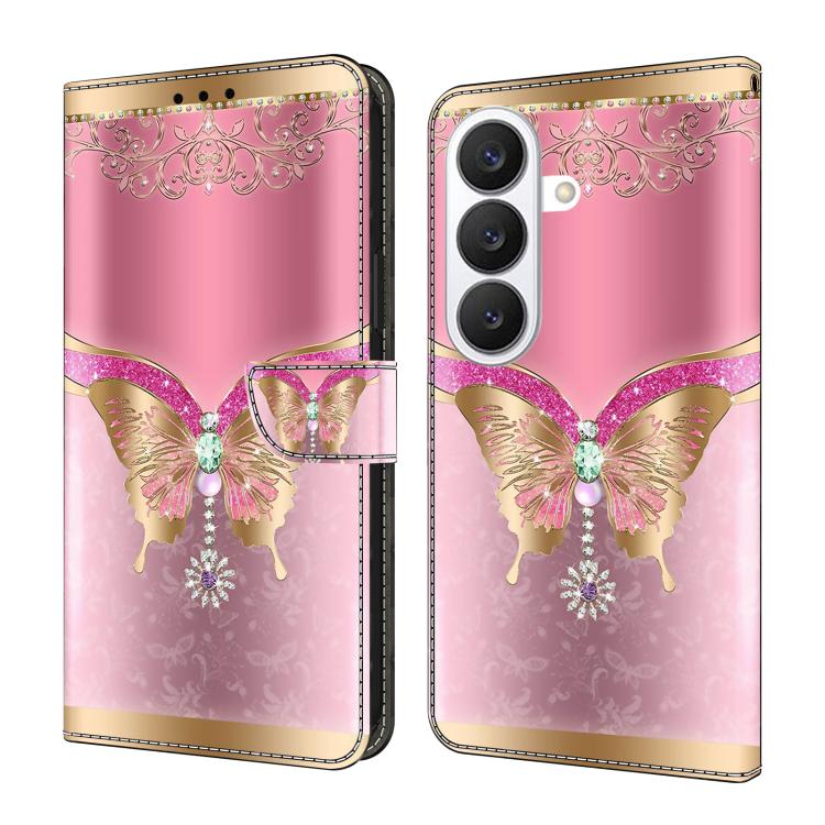 For Samsung Galaxy S26 5G Crystal-Like Painted Vegan Leather Phone Case(Pink Base Diamond Butterfly)