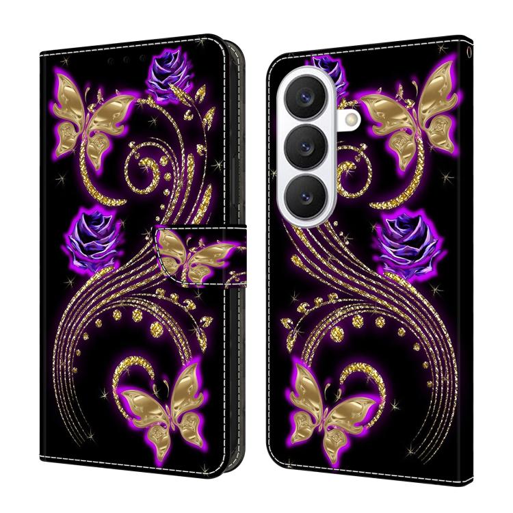 For Samsung Galaxy S26 5G Crystal-Like Painted Vegan Leather Phone Case(Purple Flower Butterfly)