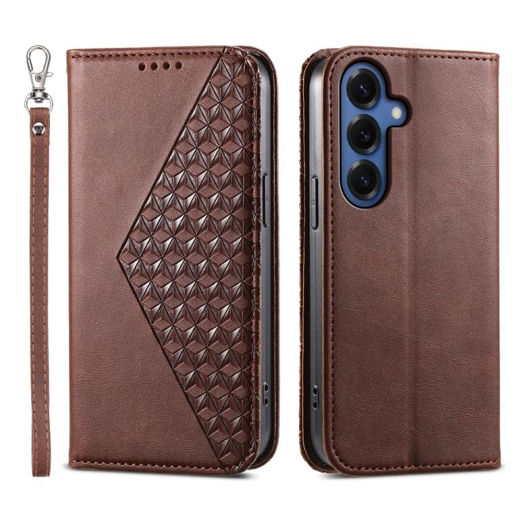 For Samsung Galaxy S26 5G Cubic Grid Calf Texture Magnetic Leather Phone Case(Brown)