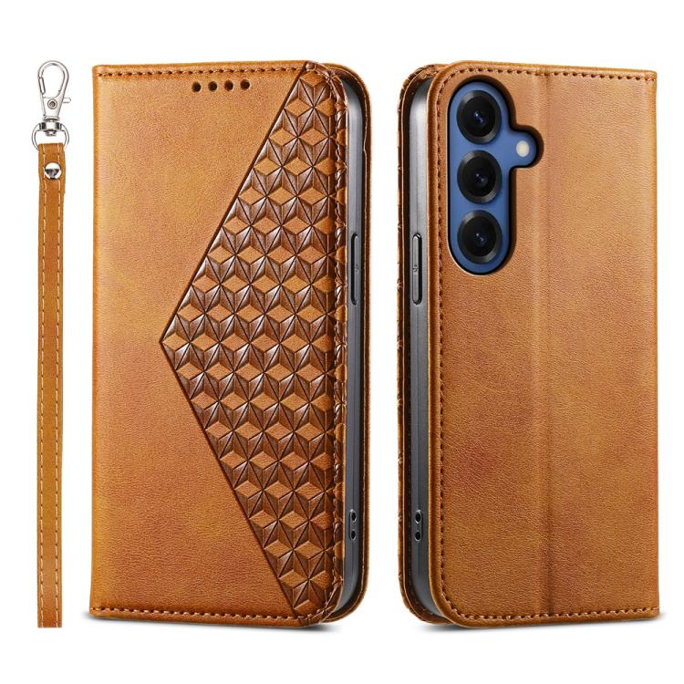 For Samsung Galaxy S26 5G Cubic Grid Calf Texture Magnetic Leather Phone Case(Yellow)