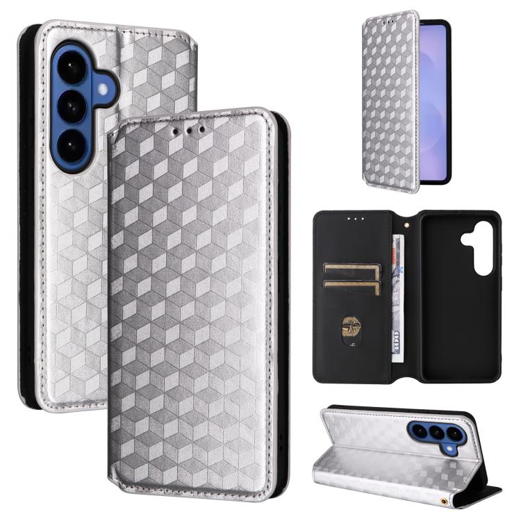 For Samsung Galaxy S26 5G Cubic Grid Texture Flip Leather Phone Case(Silver)