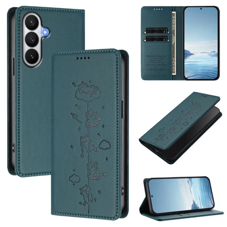For Samsung Galaxy S26 5G Cute Cats Embossed Magnetic RFID Vegan Leather Phone Case(Peacock Green)