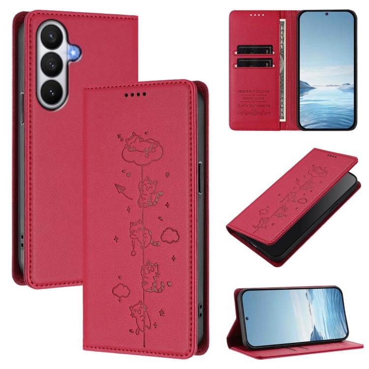 For Samsung Galaxy S26 5G Cute Cats Embossed Magnetic RFID Vegan Leather Phone Case(Red)