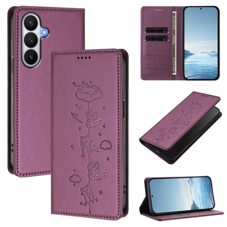 For Samsung Galaxy S26 5G Cute Cats Embossed Magnetic RFID Vegan Leather Phone Case(Violet Purple)