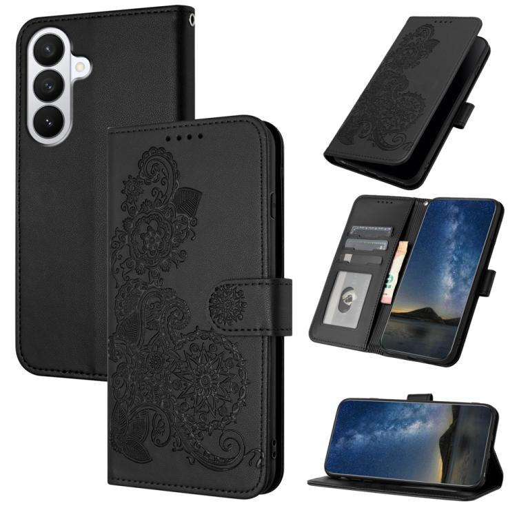 For Samsung Galaxy S26 5G Datura Flower Embossed Flip Leather Phone Case(Black)