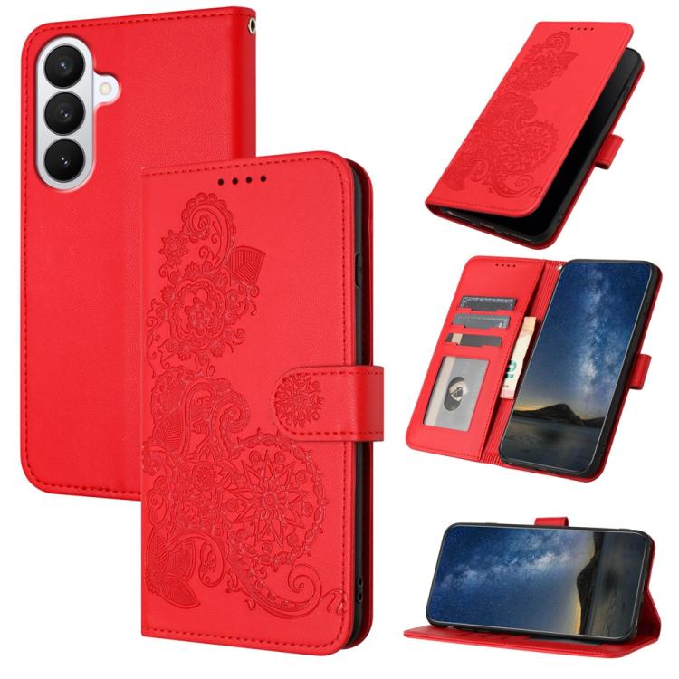 For Samsung Galaxy S26 5G Datura Flower Embossed Flip Leather Phone Case(Red)