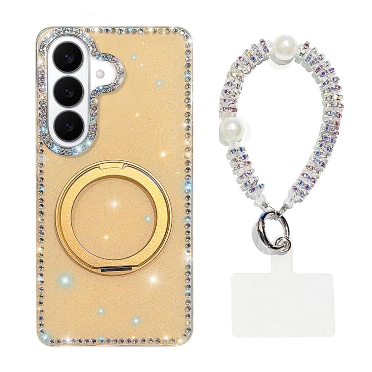 For Samsung Galaxy S26 5G Diamond IMD 360 Rotation Magnetic Metal Holder Phone Case with Strap(Glitter Light Yellow)