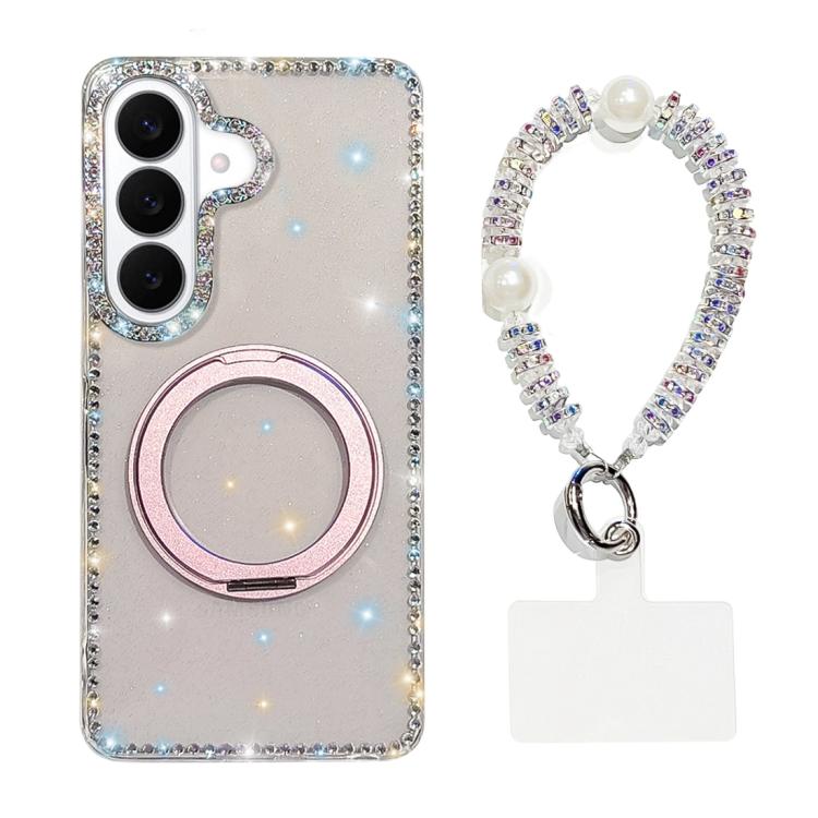 For Samsung Galaxy S26 5G Diamond IMD 360 Rotation Magnetic Metal Holder Phone Case with Strap(Glitter Transparent)