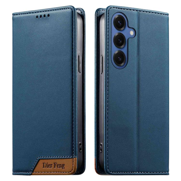 For Samsung Galaxy S26 5G Dierfeng Splicing Strong Magnetic RFID Vegan Leather Phone Case(Blue)