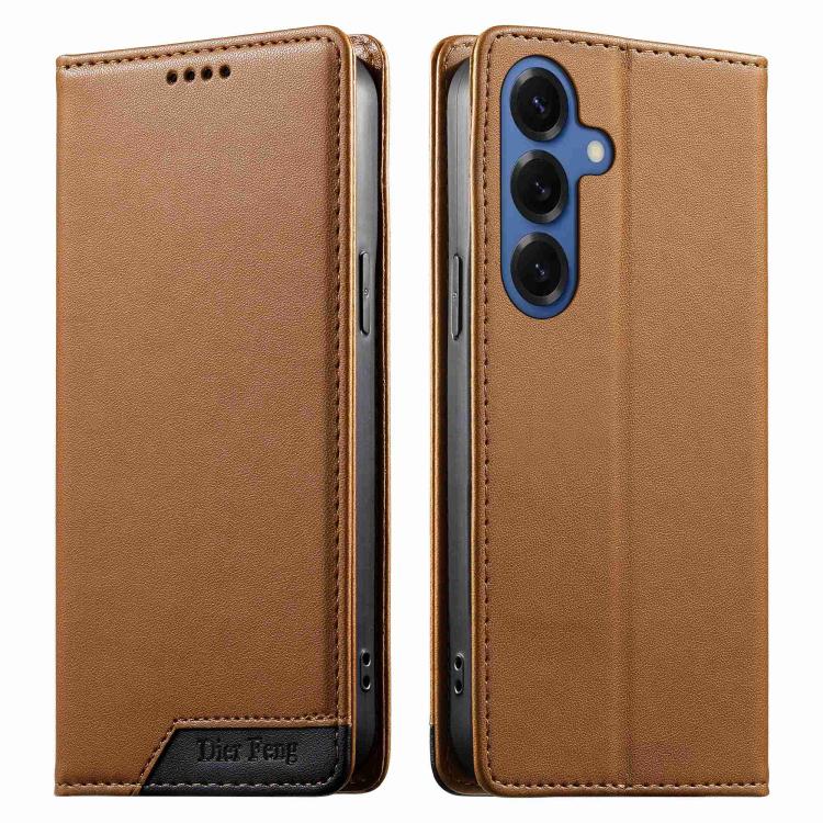 For Samsung Galaxy S26 5G Dierfeng Splicing Strong Magnetic RFID Vegan Leather Phone Case(Brown)