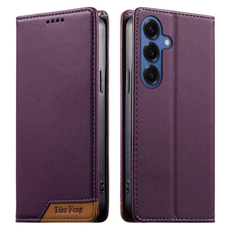 For Samsung Galaxy S26 5G Dierfeng Splicing Strong Magnetic RFID Vegan Leather Phone Case(Purple)