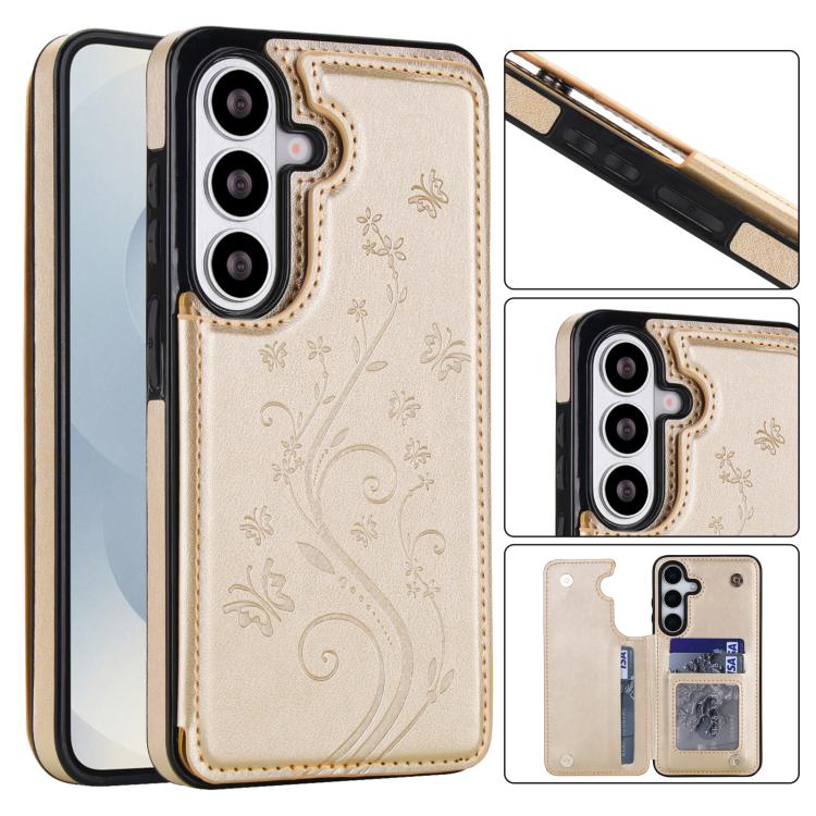For Samsung Galaxy S26 5G Double Buckle Butterfly Embossing PU Phone Case(Gold)