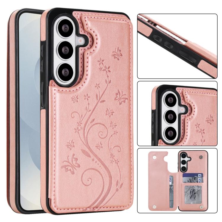 For Samsung Galaxy S26 5G Double Buckle Butterfly Embossing PU Phone Case(Rose Gold)