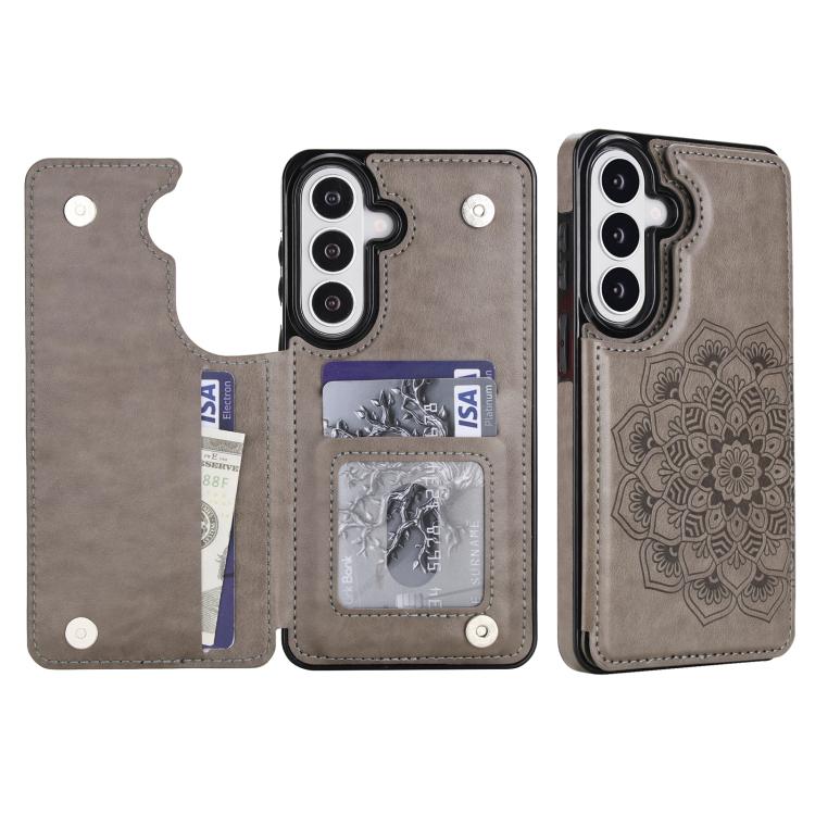 For Samsung Galaxy S26 5G Double Buckle Mandala Leather Wallet Back Cover Phone Case(Grey)