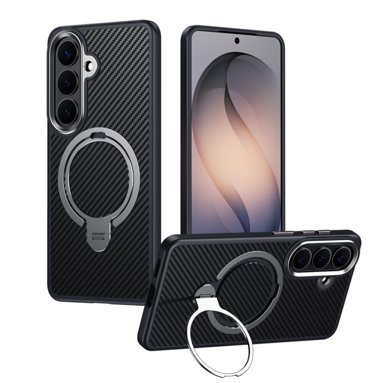 For Samsung Galaxy S26 5G Double Ring MagSafe Holder Carbon Fibre Phone Case(Silver)