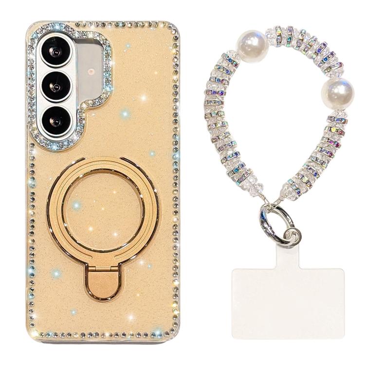 For Samsung Galaxy S26 5G Double-Sided IMD Rhinestone Magnetic Holder Shockproof Phone Case With Bracelet(Glitter Light Yellow)