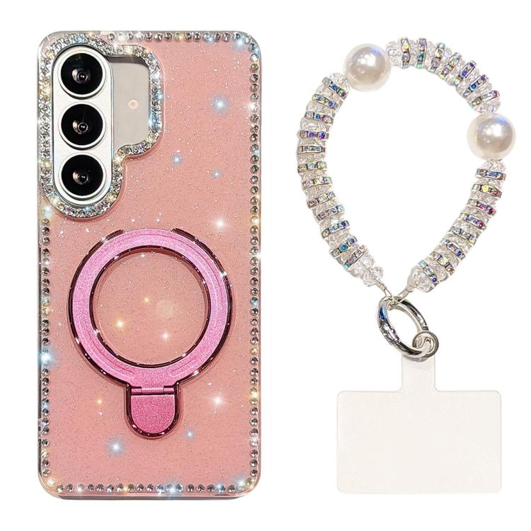 For Samsung Galaxy S26 5G Double-Sided IMD Rhinestone Magnetic Holder Shockproof Phone Case With Bracelet(Glitter Pink)
