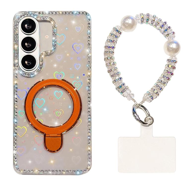 For Samsung Galaxy S26 5G Double-Sided IMD Rhinestone Magnetic Holder Shockproof Phone Case With Bracelet(Transparent Love)
