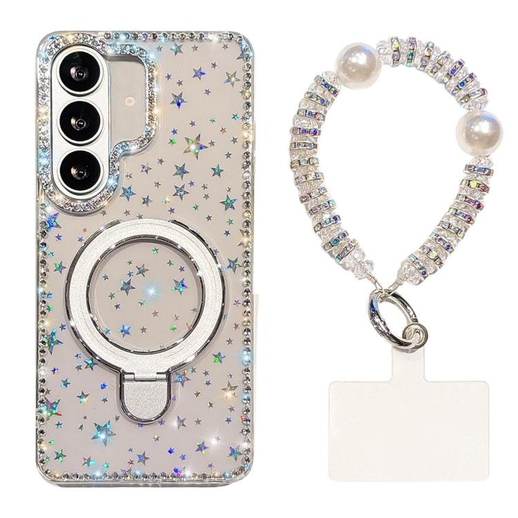 For Samsung Galaxy S26 5G Double-Sided IMD Rhinestone Magnetic Holder Shockproof Phone Case With Bracelet(Transparent Stars)