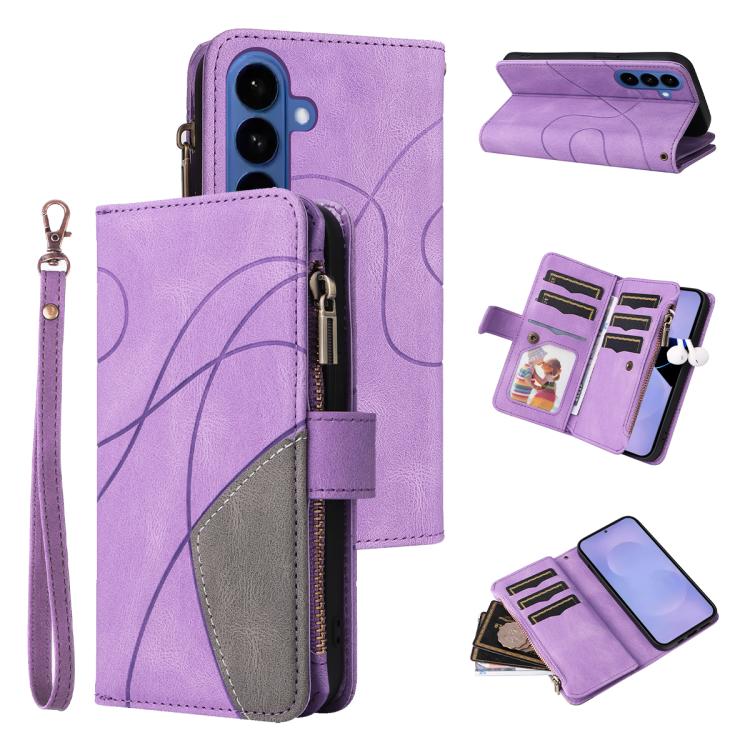 For Samsung Galaxy S26 5G Dual-color 9 Card Slots Zipper Wallet Leather Phone Case(Purple)