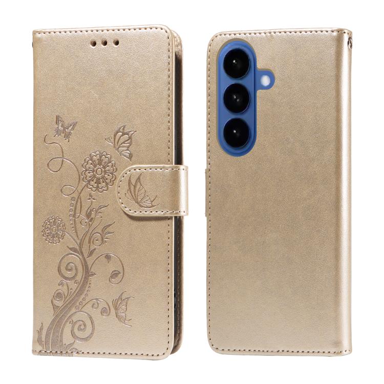 For Samsung Galaxy S26 5G Embossed Butterfly Flowers Leather Phone Case(Gold)