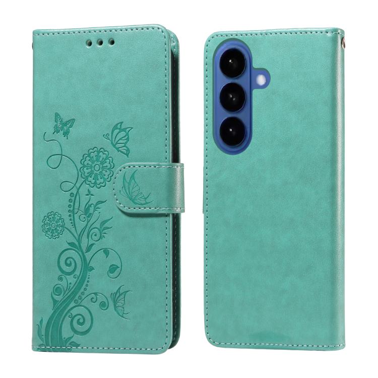 For Samsung Galaxy S26 5G Embossed Butterfly Flowers Leather Phone Case(Green)