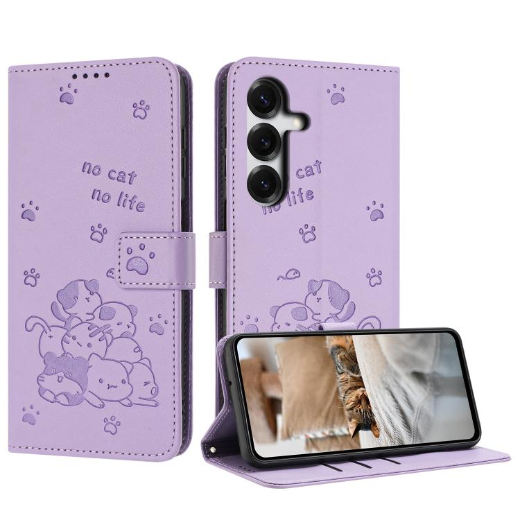 For Samsung Galaxy S26 5G Embossed Kitten Phone Leather Case with Lanyard(Purple)