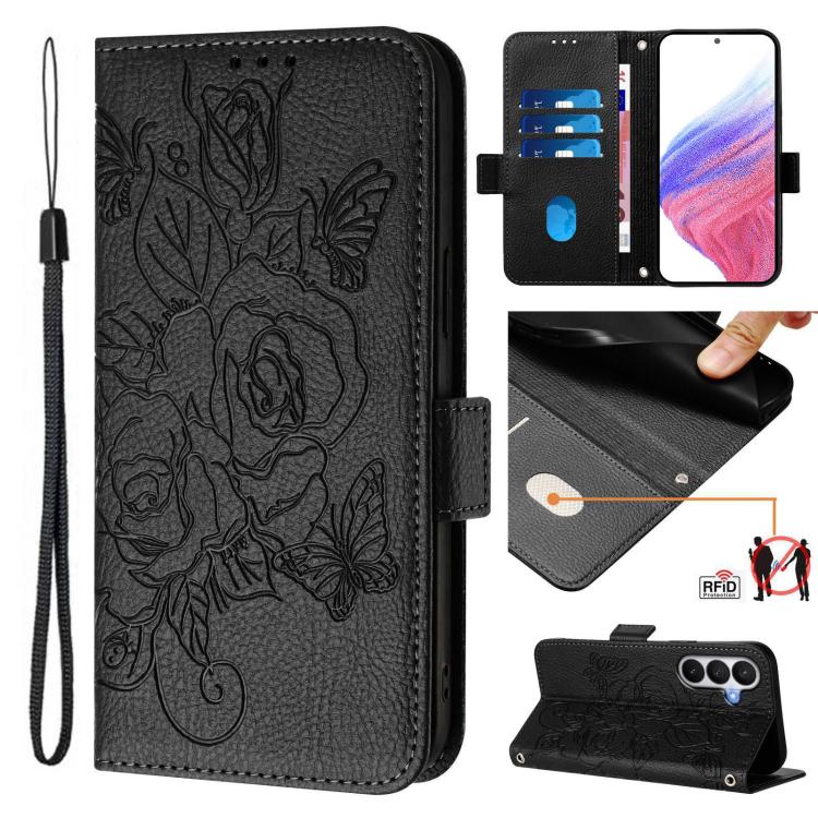 For Samsung Galaxy S26 5G Embossed Rose RFID Anti-theft Leather Phone Case(Black)
