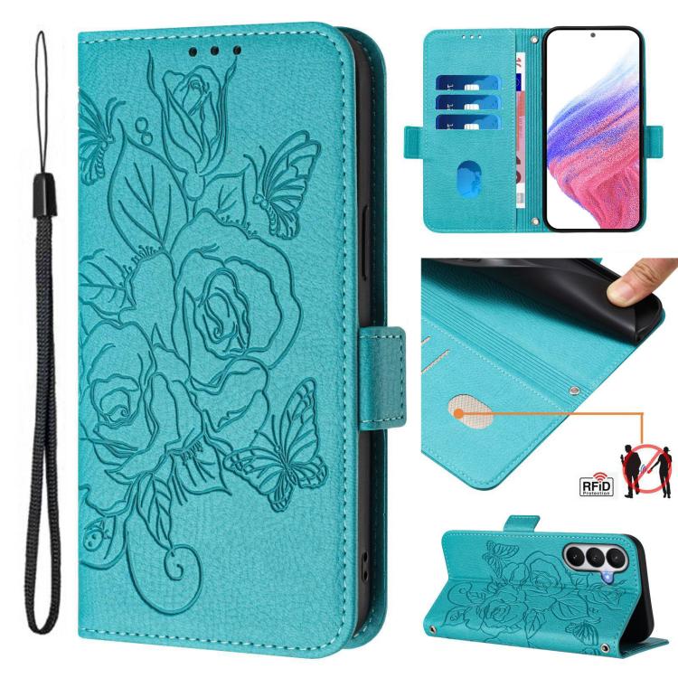 For Samsung Galaxy S26 5G Embossed Rose RFID Anti-theft Leather Phone Case(Light Blue)