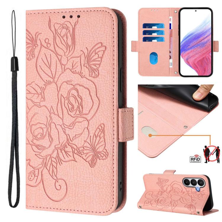 For Samsung Galaxy S26 5G Embossed Rose RFID Anti-theft Leather Phone Case(Pink)