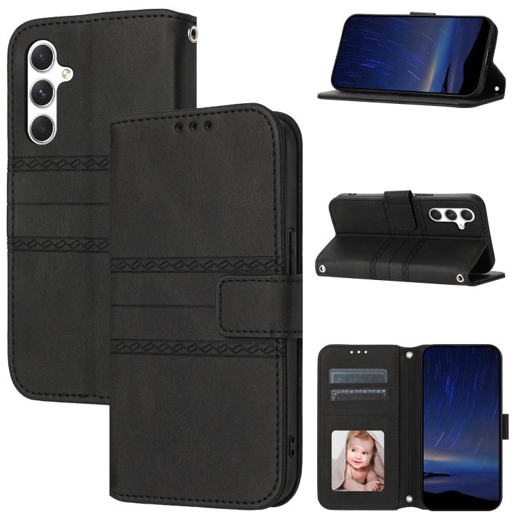 For Samsung Galaxy S26 5G Embossed Stripes Skin Feel Leather Phone Case(Black)