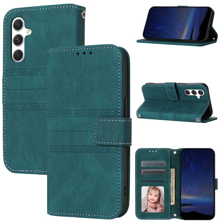 For Samsung Galaxy S26 5G Embossed Stripes Skin Feel Leather Phone Case(Dark Green)