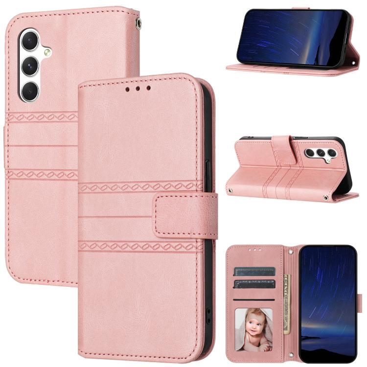 For Samsung Galaxy S26 5G Embossed Stripes Skin Feel Leather Phone Case(Pink)