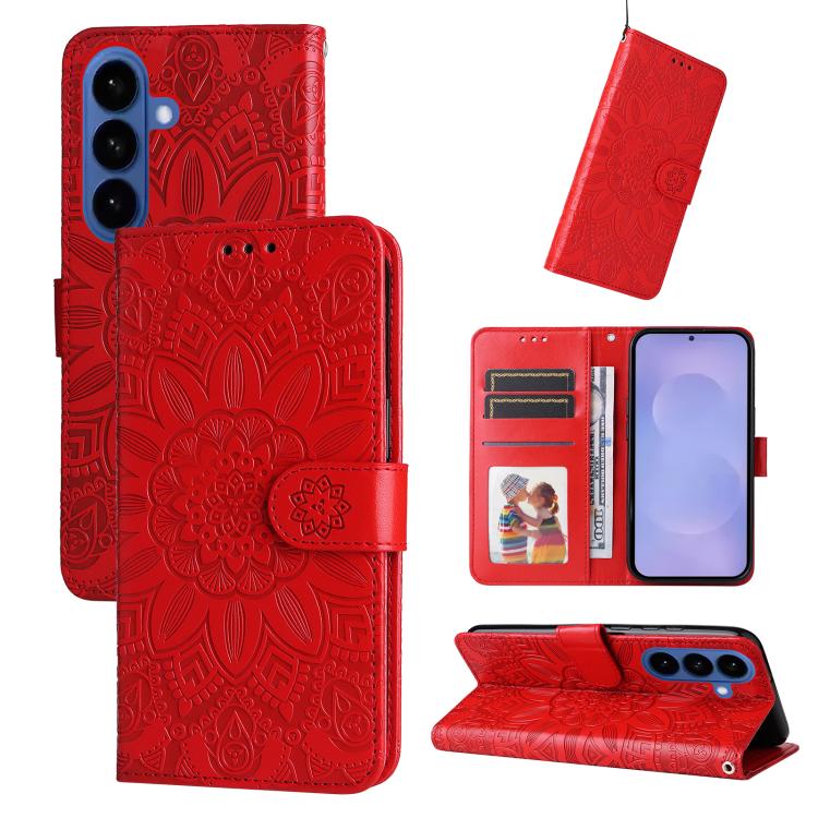 For Samsung Galaxy S26 5G Embossed Sunflower Leather Phone Case(Red)