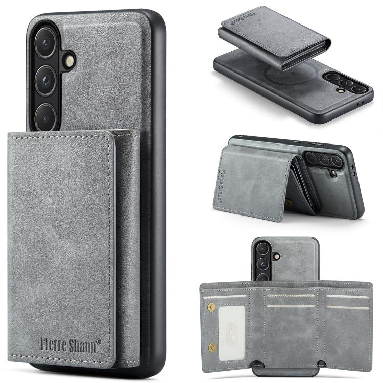For Samsung Galaxy S26 5G Fierre Shann 2 in 1 Holder RFID Card Slot Wallet MagSafe Phone Case(Grey)