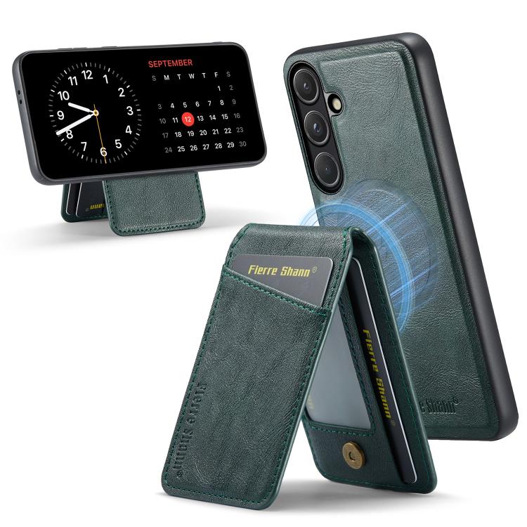 For Samsung Galaxy S26 5G Fierre Shann Cowhide Vertical Flip Magnetic Card Holder Phone Case(Green)