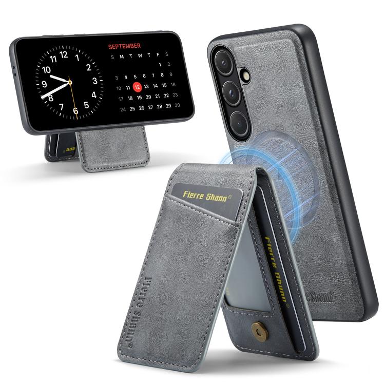 For Samsung Galaxy S26 5G Fierre Shann Cowhide Vertical Flip Magnetic Card Holder Phone Case(Grey)