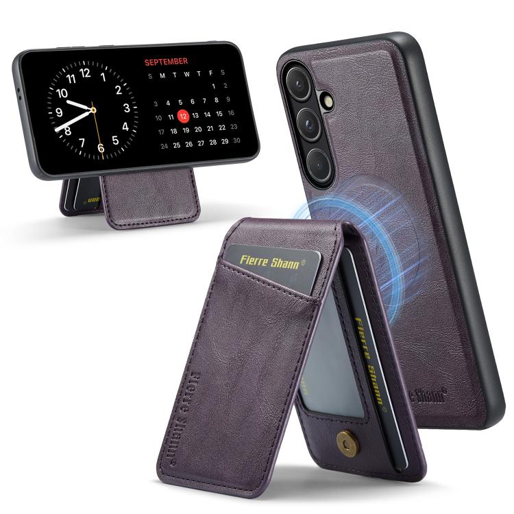 For Samsung Galaxy S26 5G Fierre Shann Cowhide Vertical Flip Magnetic Card Holder Phone Case(Purple)