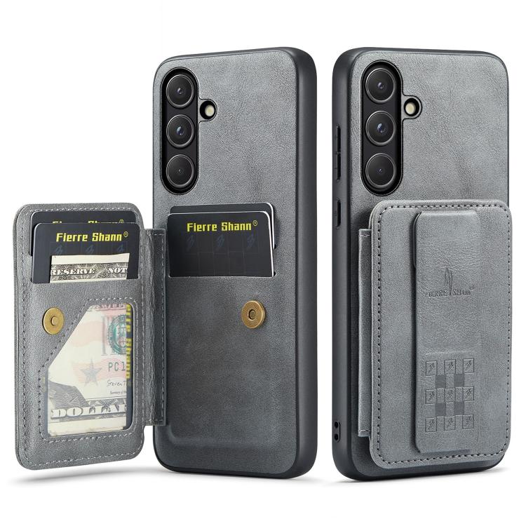 For Samsung Galaxy S26 5G Fierre Shann FS-024 Oil Wax Cow Leather Card Holder Back Phone Case(Grey)