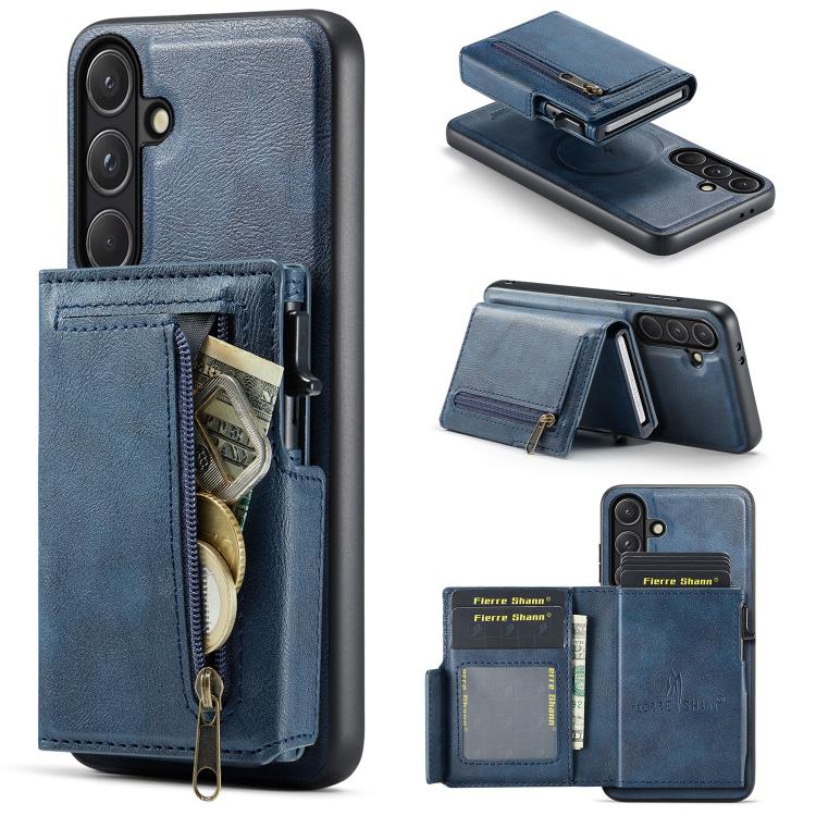 For Samsung Galaxy S26 5G Fierre Shann Oil Wax Vegan Leather Magnetic Card Holder Back Phone Case(Blue)