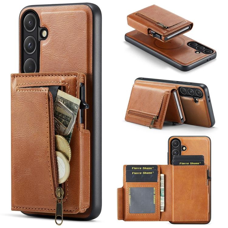 For Samsung Galaxy S26 5G Fierre Shann Oil Wax Vegan Leather Magnetic Card Holder Back Phone Case(Brown)
