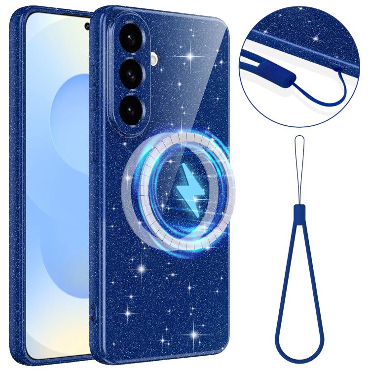 For Samsung Galaxy S26 5G Fine Hole Glossy Glitter Magnetic TPU Phone Case with Same Color Hand Strap(Blue)