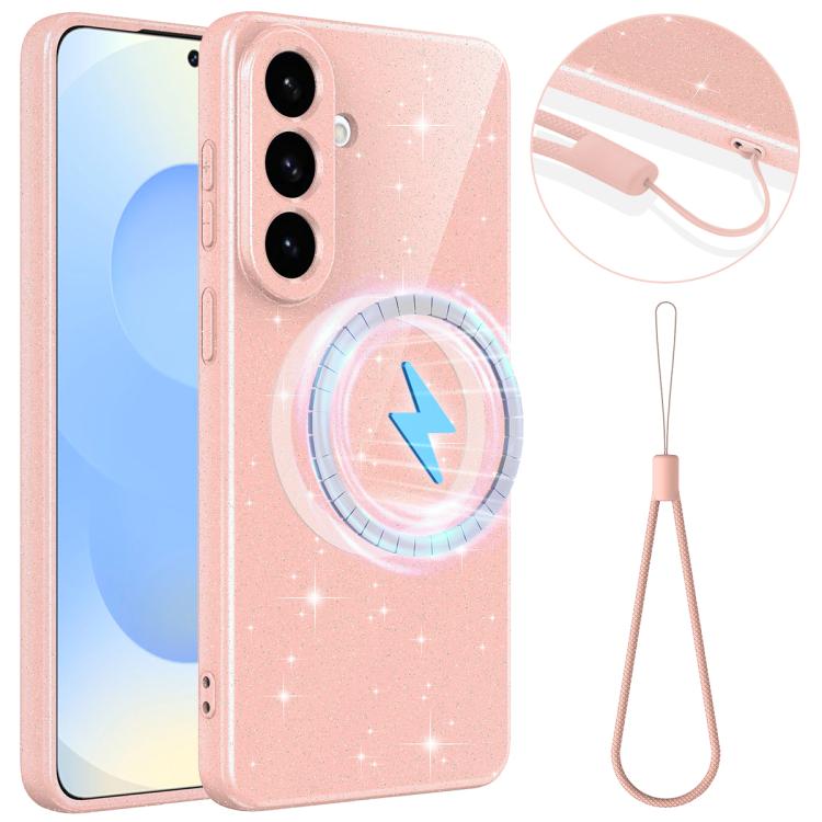 For Samsung Galaxy S26 5G Fine Hole Glossy Glitter Magnetic TPU Phone Case with Same Color Hand Strap(Pink)