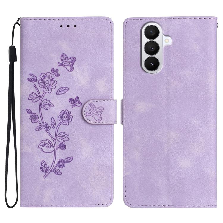 For Samsung Galaxy S26 5G Flower Butterfly Embossing Pattern Leather Phone Case(Purple)