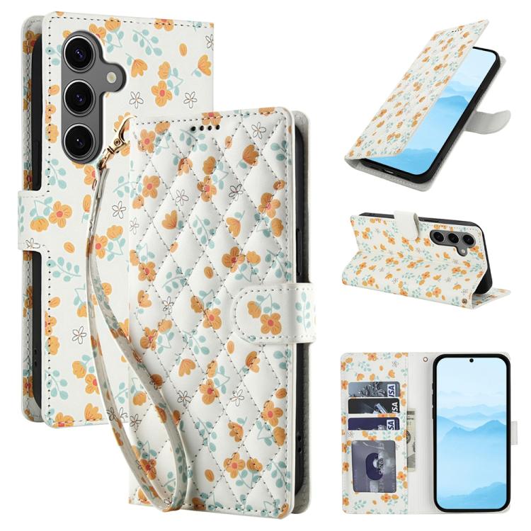 For Samsung Galaxy S26 5G Flower Pattern Buckle Leather Phone Case with Lanyard(Orange Flowers)